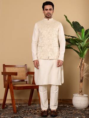 Cream silk embroidered nehru jacket 1