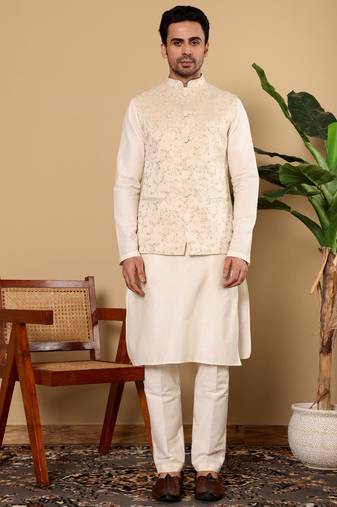 Cream silk embroidered nehru jacket
