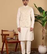 Cream silk embroidered nehru jacket