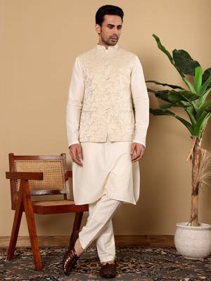 Cream silk embroidered nehru jacket 2