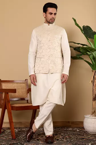 Cream silk embroidered nehru jacket