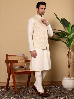 Cream silk embroidered nehru jacket 3