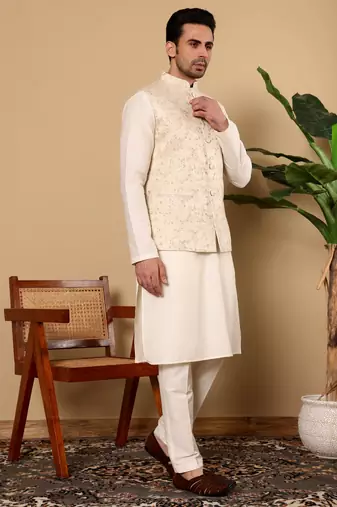 Cream silk embroidered nehru jacket