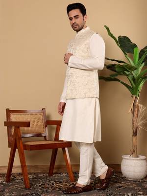 Cream silk embroidered nehru jacket 4