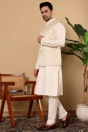 Cream silk embroidered nehru jacket