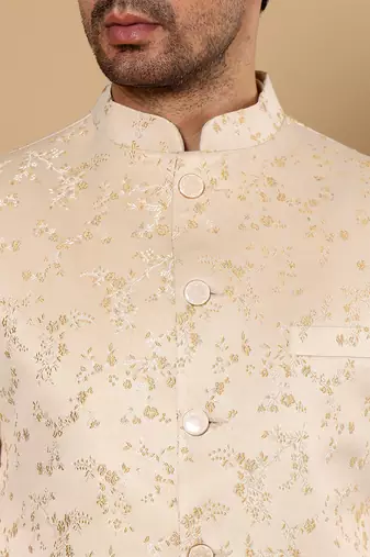 Cream silk embroidered nehru jacket