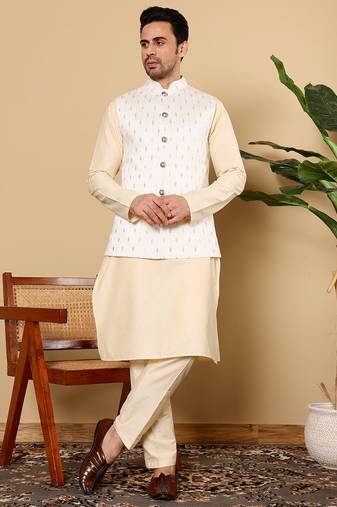 Cream viscose embroidered nehru jacket