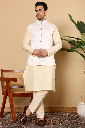 Cream viscose embroidered nehru jacket
