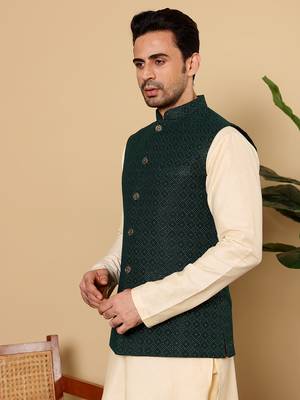 Cream velvet embroidered nehru jacket 1