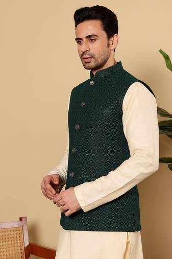 Cream velvet embroidered nehru jacket
