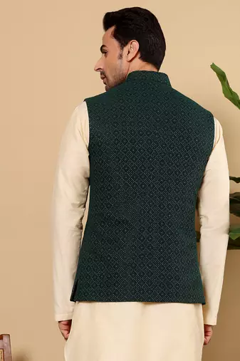 Cream velvet embroidered nehru jacket