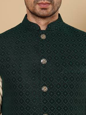 Cream velvet embroidered nehru jacket 3
