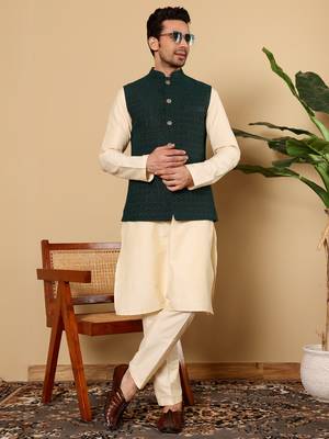 Cream velvet embroidered nehru jacket 4