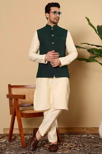 Cream velvet embroidered nehru jacket