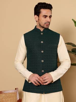 Cream velvet embroidered nehru jacket 5