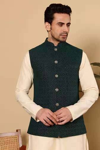 Cream velvet embroidered nehru jacket