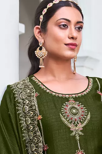 Mehndi embroidered viscose silk salwar suit