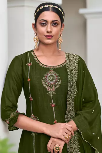 Mehndi embroidered viscose silk salwar suit