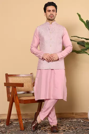 Red viscose embroidered nehru jacket