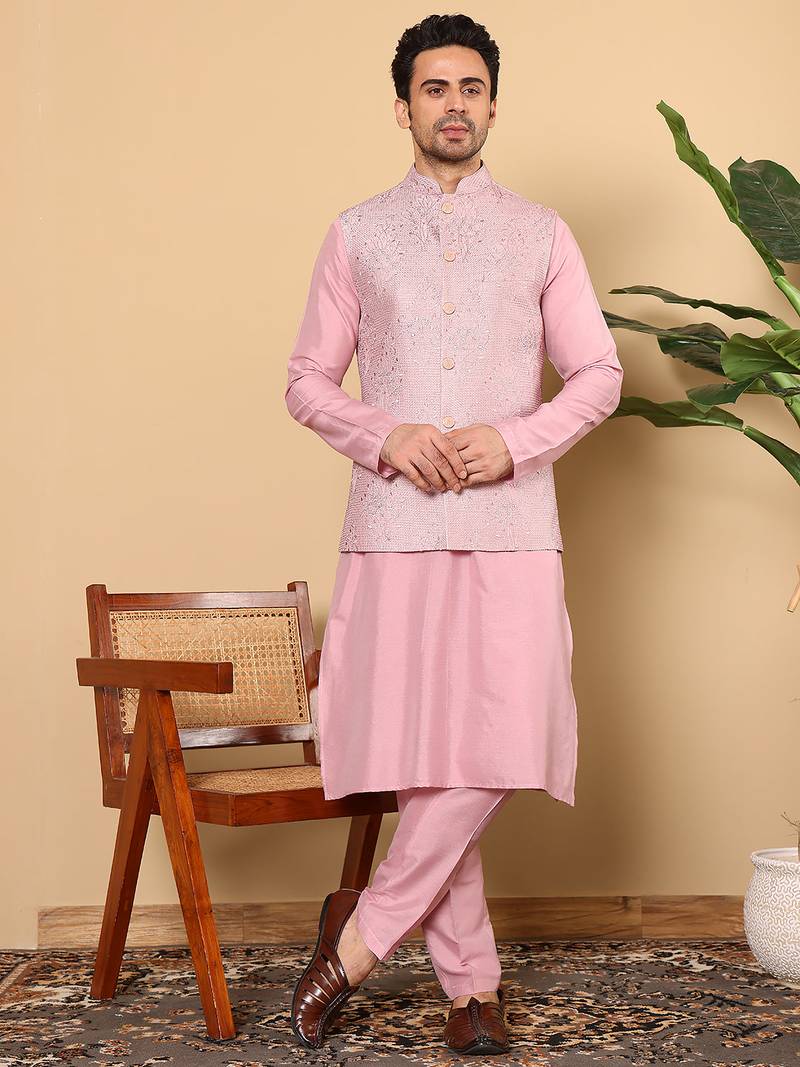 Red viscose embroidered nehru jacket