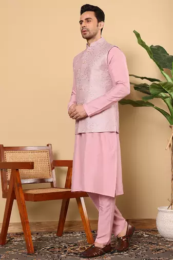 Red viscose embroidered nehru jacket