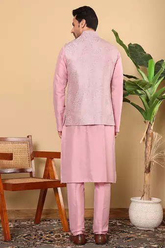 Red viscose embroidered nehru jacket