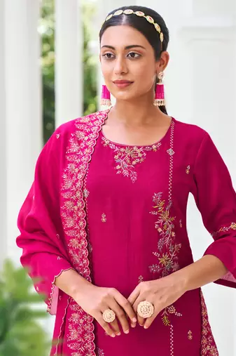 Pink embroidered viscose silk salwar suit