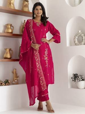 Pink embroidered viscose silk salwar suit 1