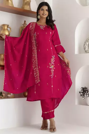 Pink embroidered viscose silk salwar suit