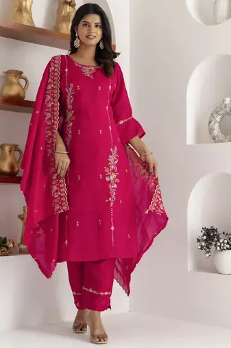 Pink embroidered viscose silk salwar suit