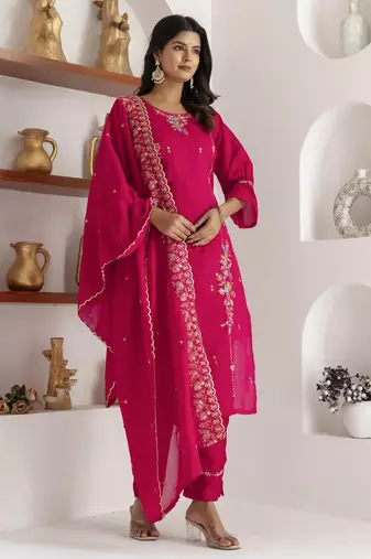 Pink embroidered viscose silk salwar suit