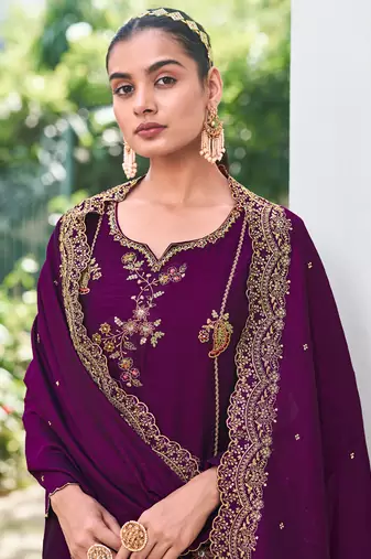 Purple embroidered viscose silk salwar suit