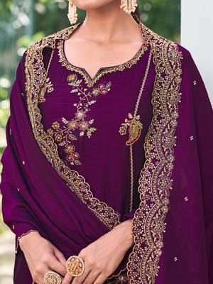 Purple embroidered viscose silk salwar suit 3