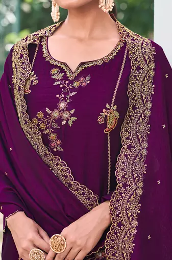 Purple embroidered viscose silk salwar suit