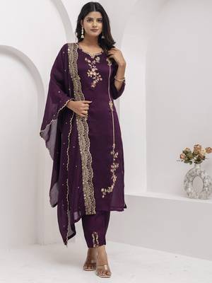 Purple embroidered viscose silk salwar suit 1