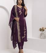 Purple embroidered viscose silk salwar suit