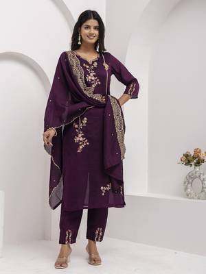 Purple embroidered viscose silk salwar suit 2