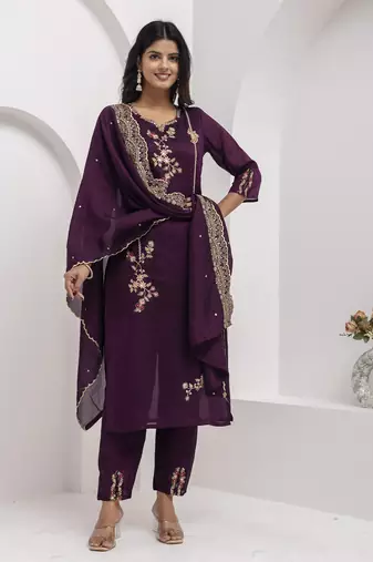 Purple embroidered viscose silk salwar suit