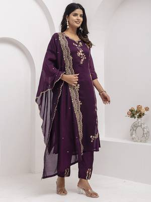 Purple embroidered viscose silk salwar suit 3