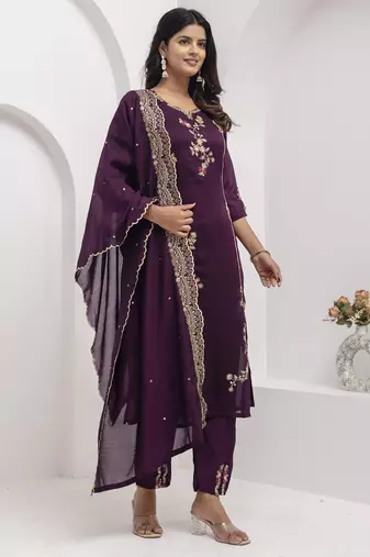 Purple embroidered viscose silk salwar suit