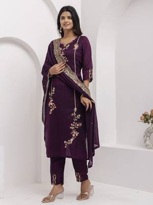 Purple embroidered viscose silk salwar suit 4