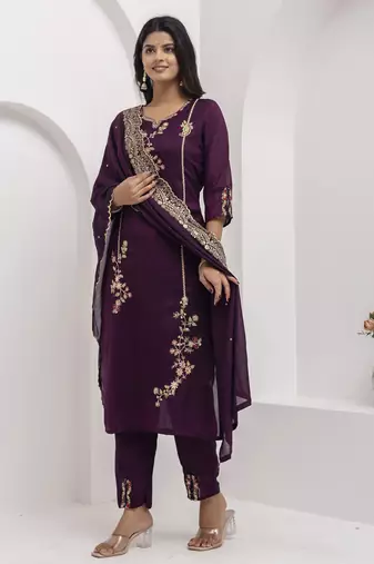 Purple embroidered viscose silk salwar suit