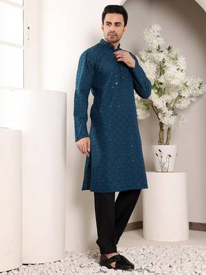 blue viscose embroidered kurta pajama 2