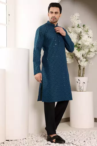 blue viscose embroidered kurta pajama