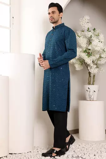 blue viscose embroidered kurta pajama