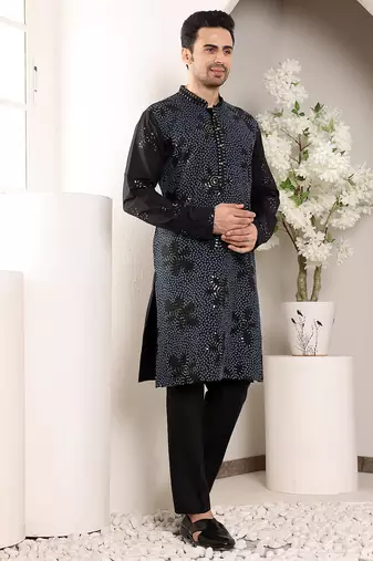 Black viscose embroidered kurta pajama