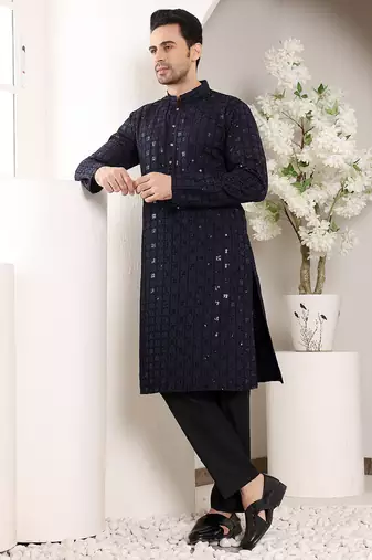 Black viscose embroidered kurta pajama