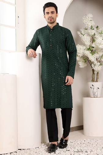 green silk embroidered kurta pajama