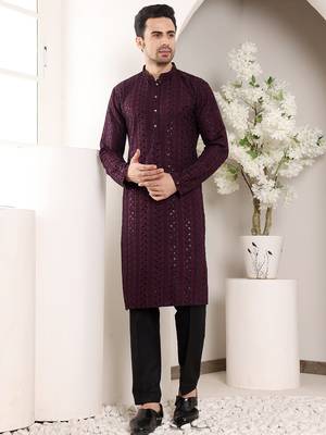 maroon viscose embroidered kurta pajama 1
