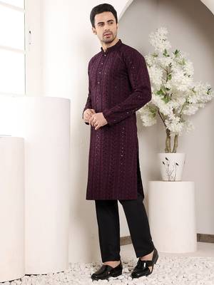 maroon viscose embroidered kurta pajama 3